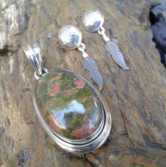 Sterling Silver Unakite Pendant and earrings SET - Picture 5 of 7